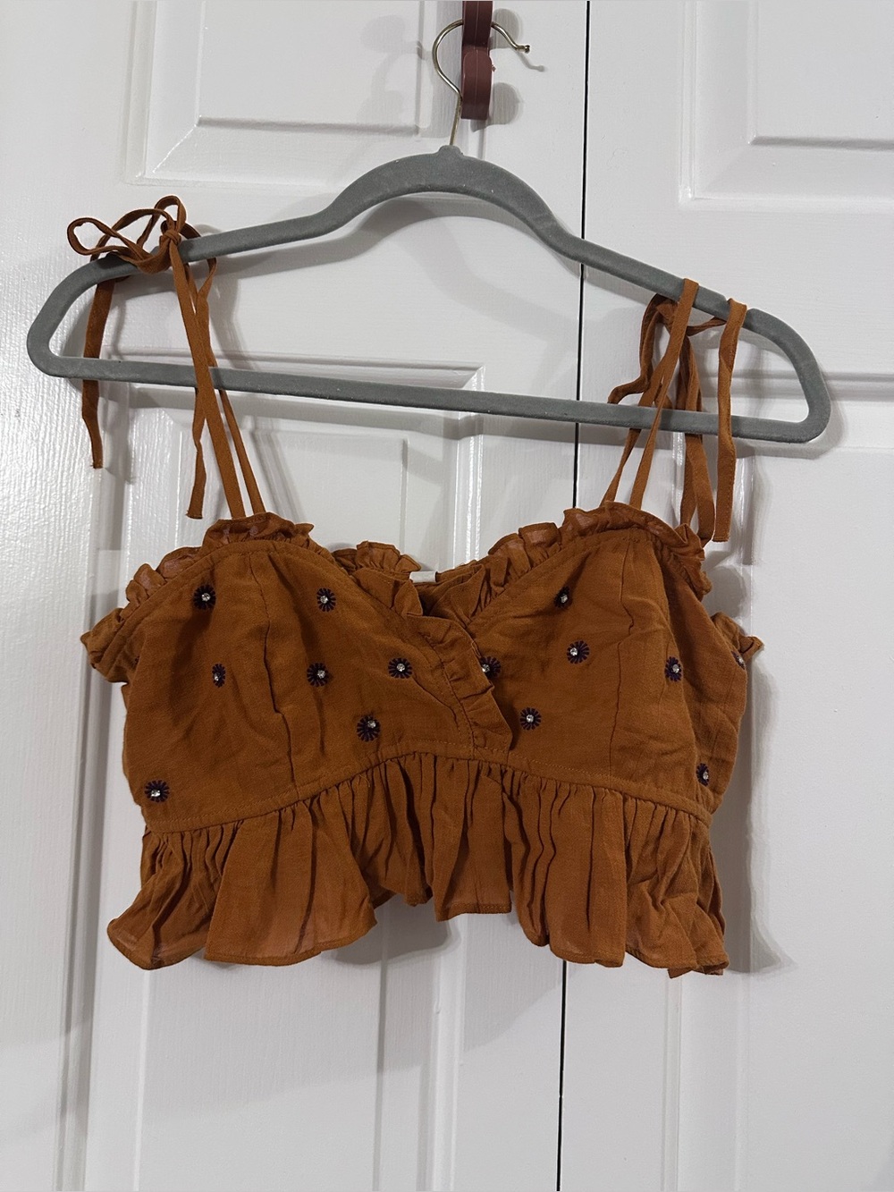 Intimately free people Rust Brown Ruffle Tie-Strap Crop Top